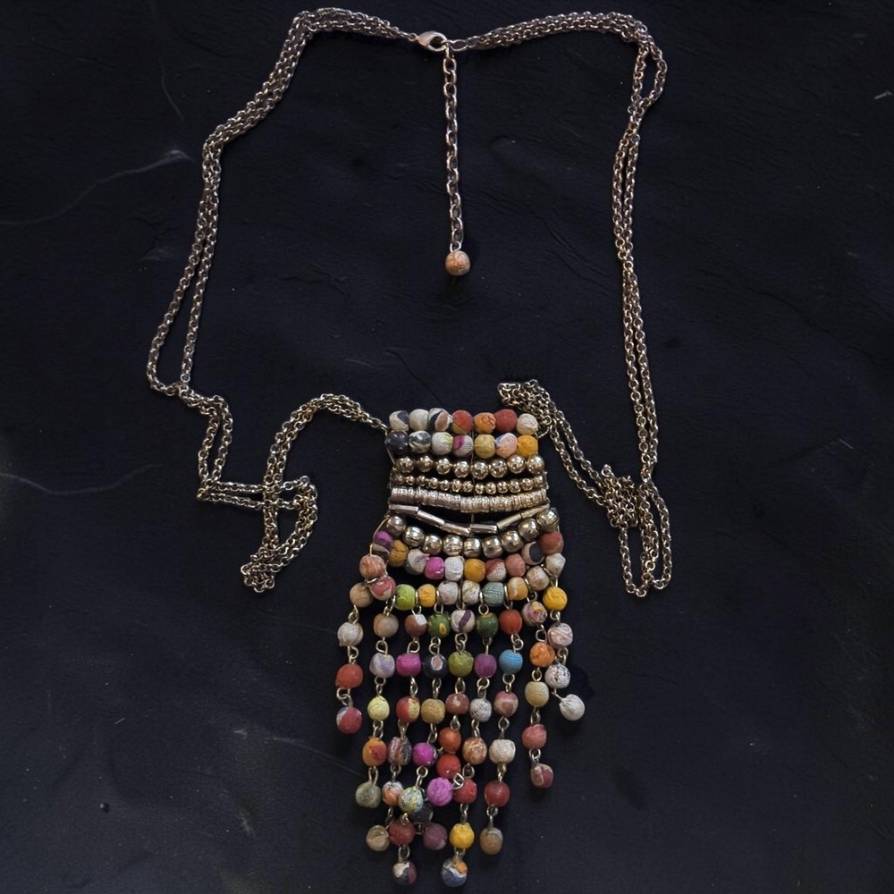 Vintage India Kantha Textile Bead Waterfall Fringe Bib Necklace Boho 35.5"